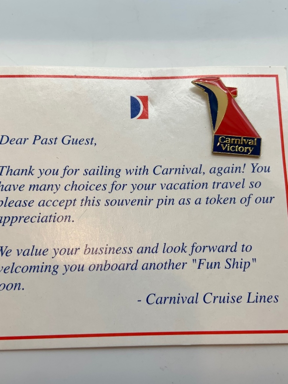 Vintage Carnival Cruise Lines Carnival Victory Collectible Lapel Pin and Card